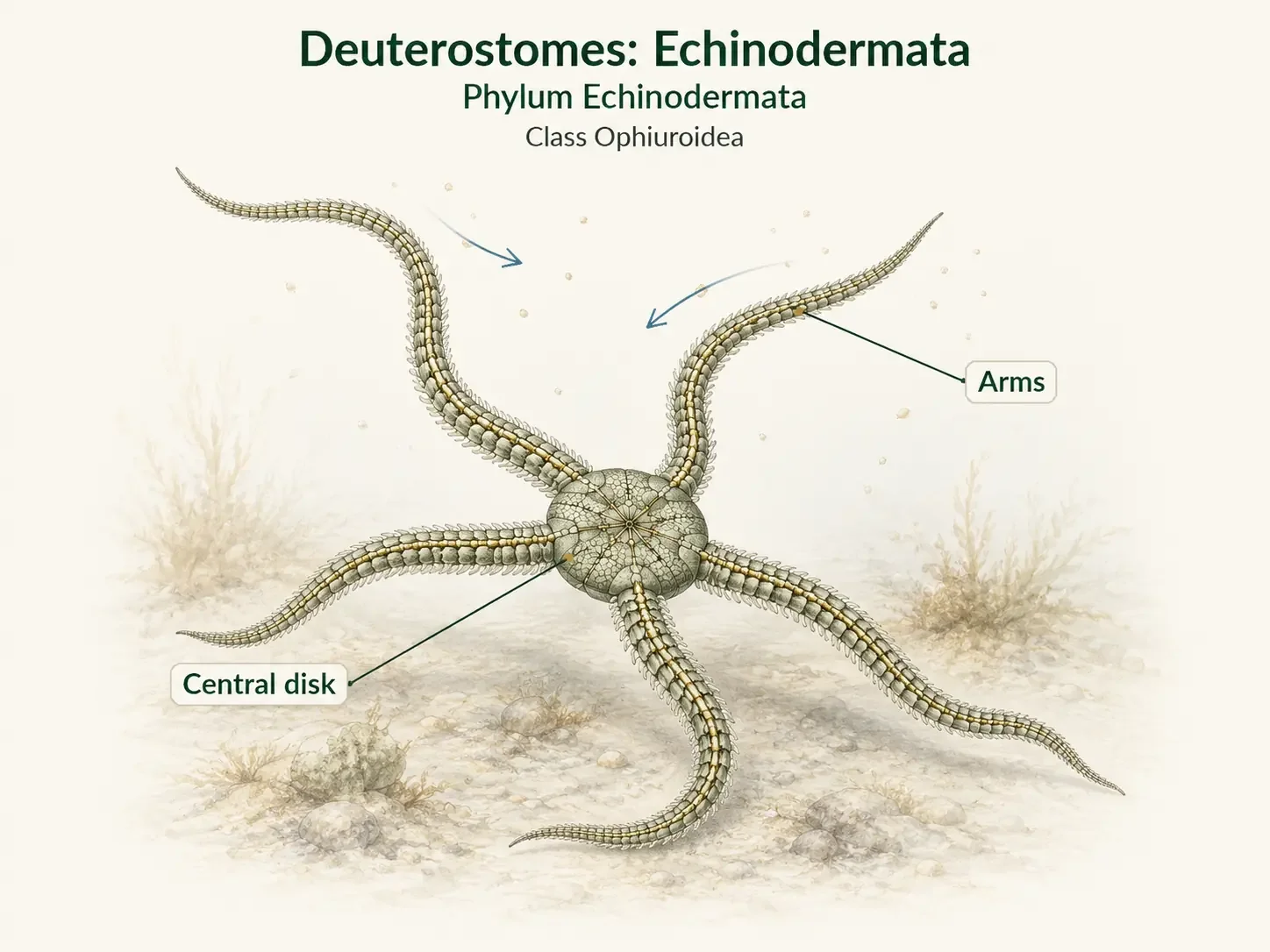 A brittle star with a distinct central disk and five long slender flexible arms.