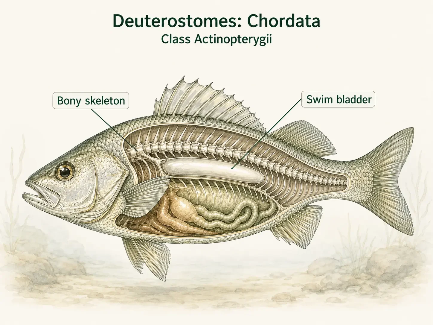 A ray-finned fish cutaway showing a swim bladder inside the body cavity.