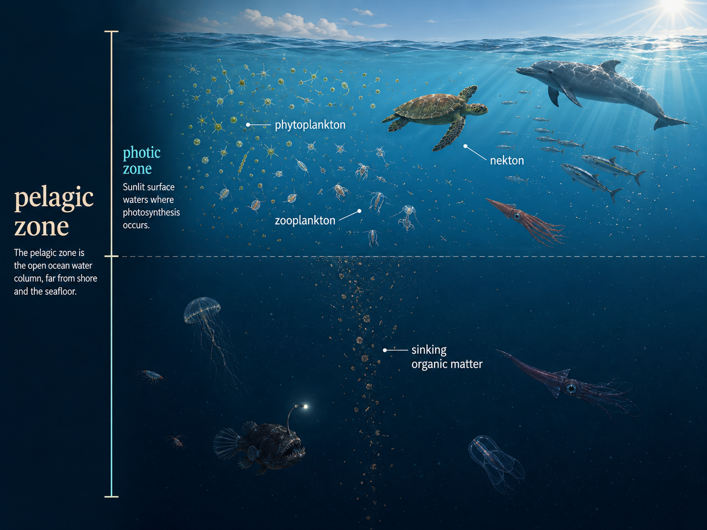 The bottom of an aquatic ecosystem shows sediments, worms, clams, crabs, sea stars, sponges, bacteria, and detritus sinking from upper water layers.