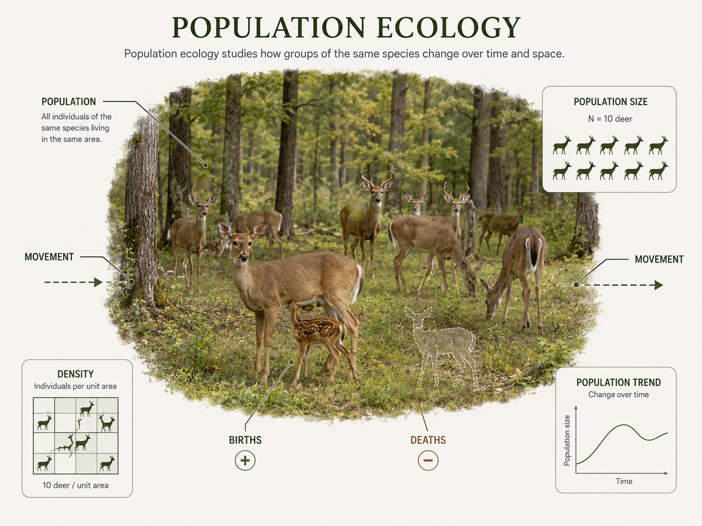 A population of one species is shown within a defined habitat. Arrows indicate births, deaths, immigration, and emigration, and a small graph shows population change over time.