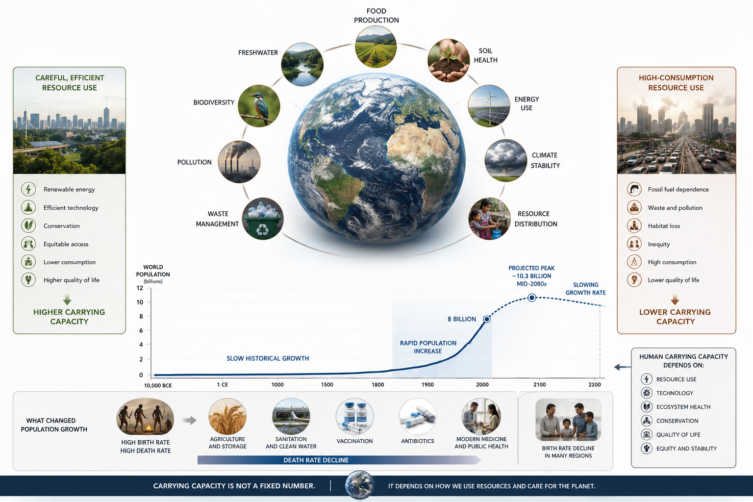 Earth is shown with a global population curve rising above 8 billion and slowing toward a projected peak near 10.3 billion in the mid-2080s.