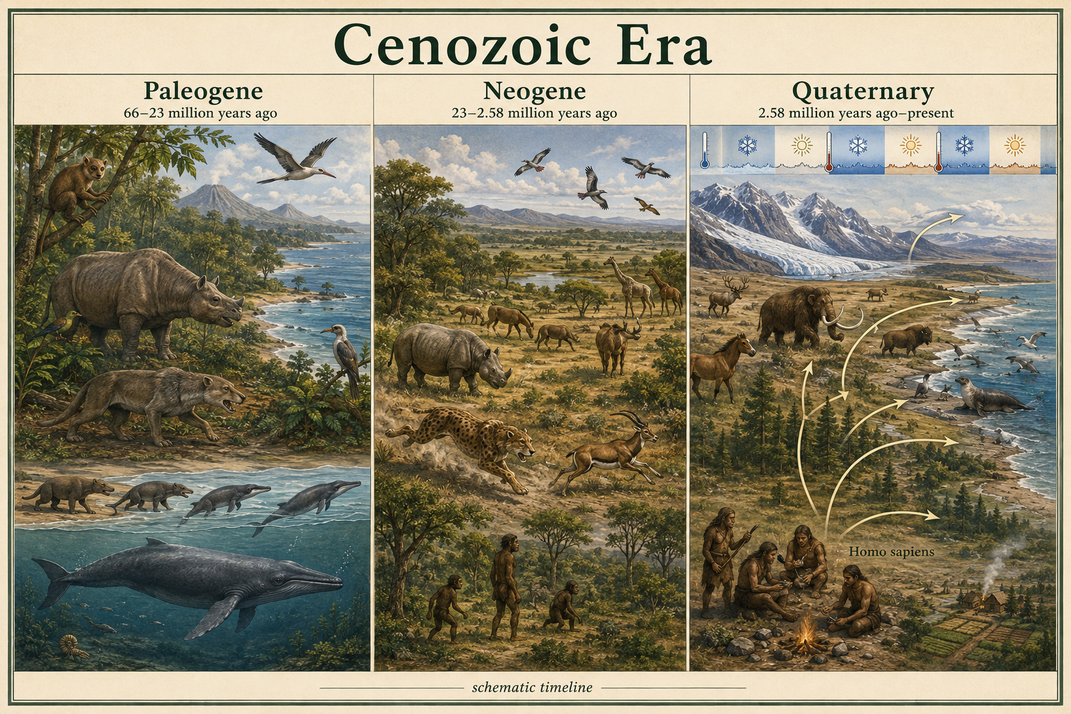 A Cenozoic timeline shows mammal and bird diversification, grasslands, ice ages, and human emergence.