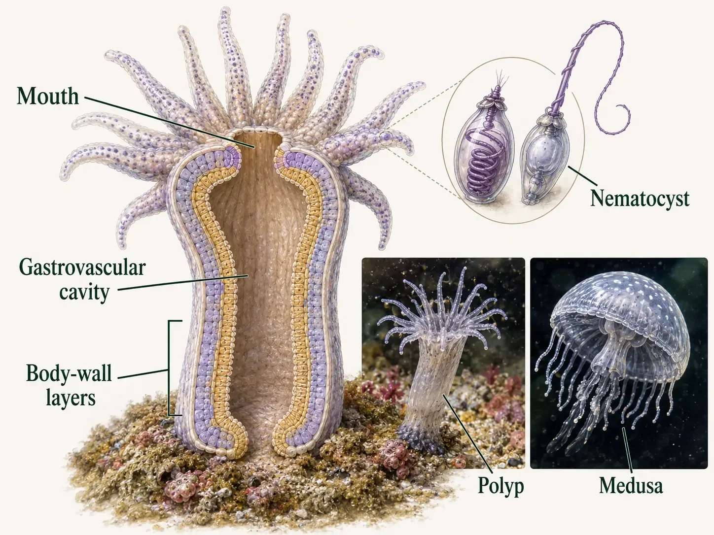 Cnidarian body plan showing polyp and medusa forms, epidermis, gastrodermis, mesoglea, and a gastrovascular cavity with one opening; an enlarged cnidocyte shows a nematocyst capsule discharging its thread.