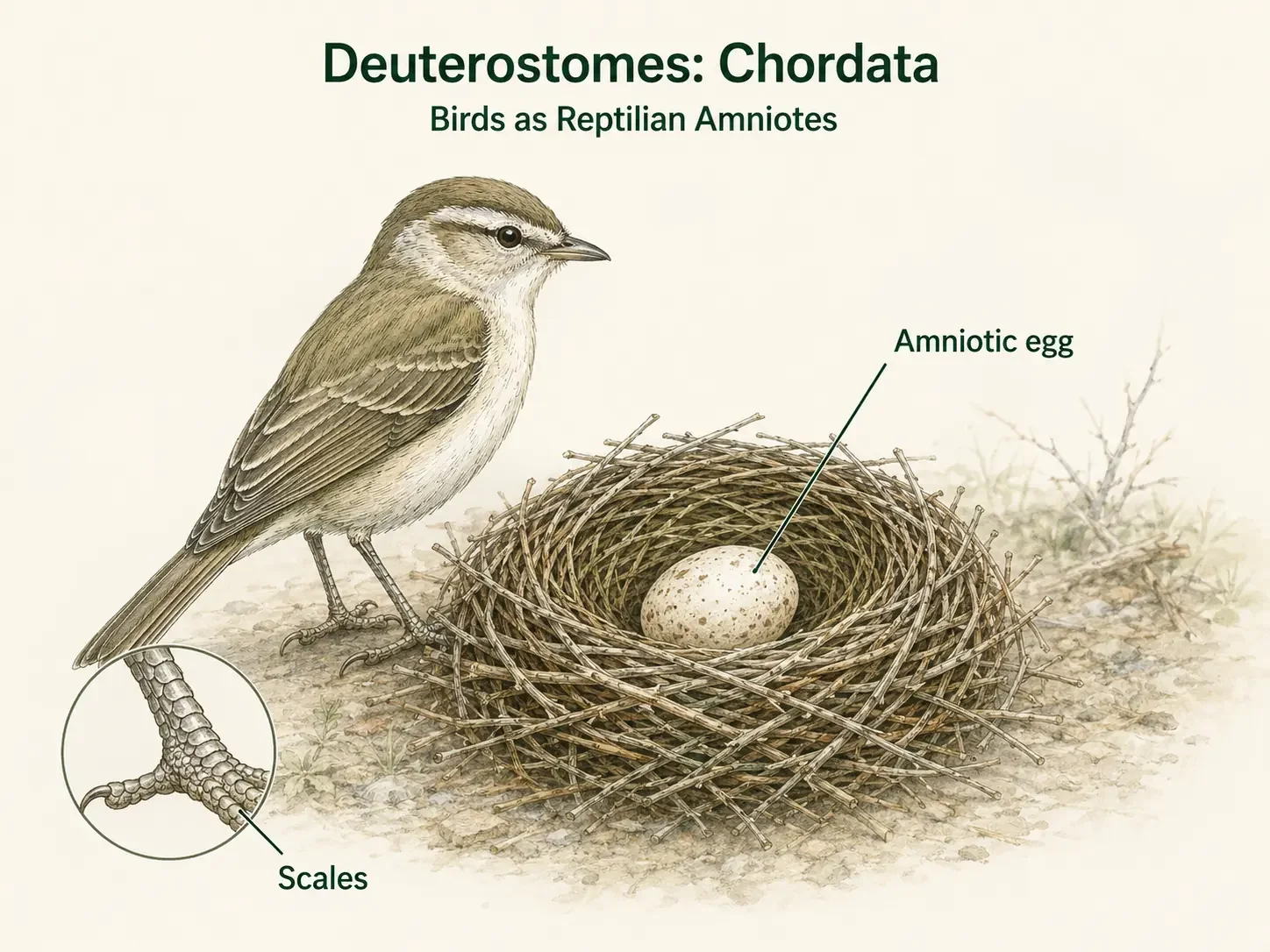 A bird perched beside a nest containing a labeled amniotic egg.