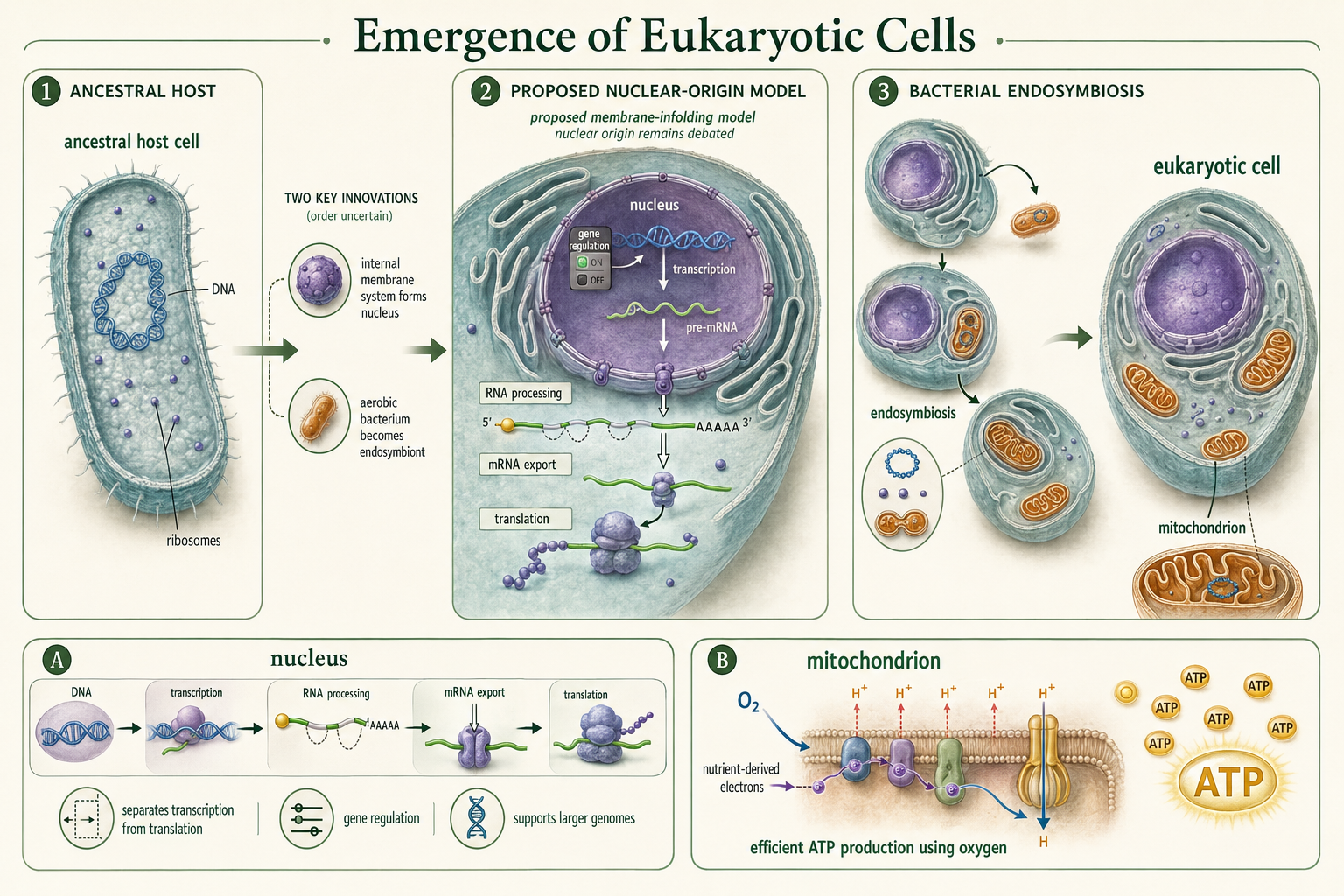 An ancestral cell develops a nucleus and gains mitochondria through endosymbiosis, increasing cellular complexity.