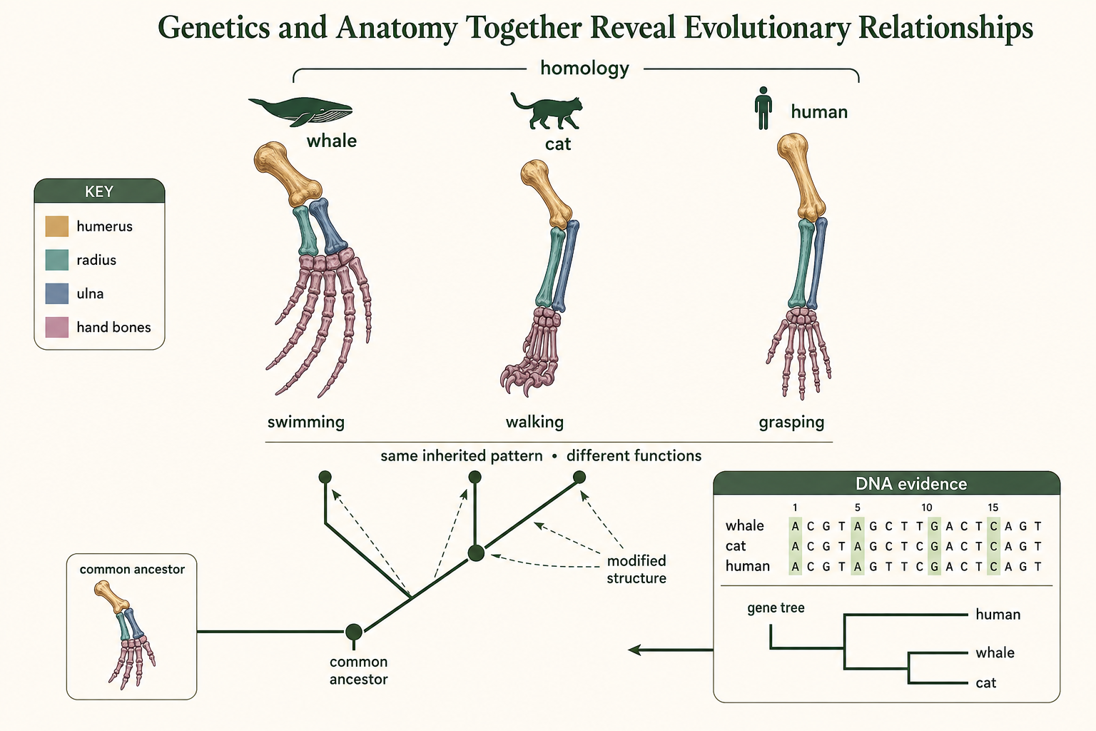Whale, cat, and human forelimbs share the same basic bone pattern despite different functions.