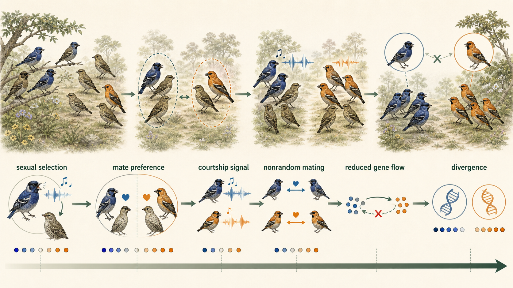 Overlapping groups choose mates by different signals, reducing gene flow and increasing divergence.
