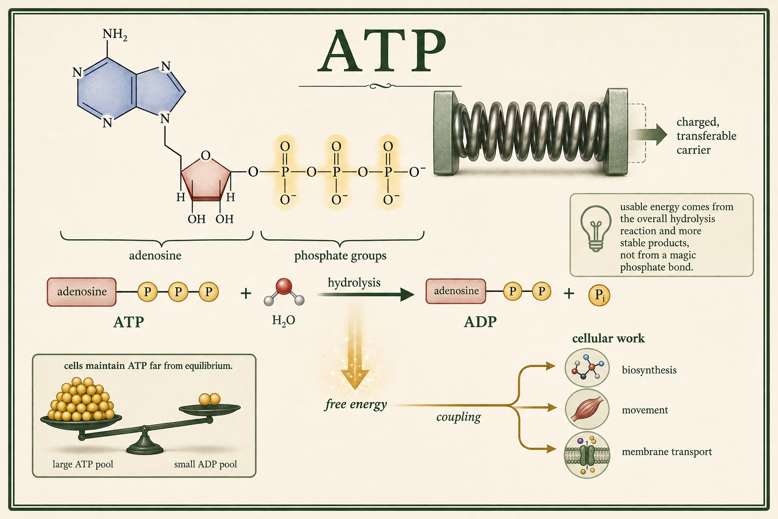 ATP splits into ADP and phosphate, releasing energy that powers cellular work.