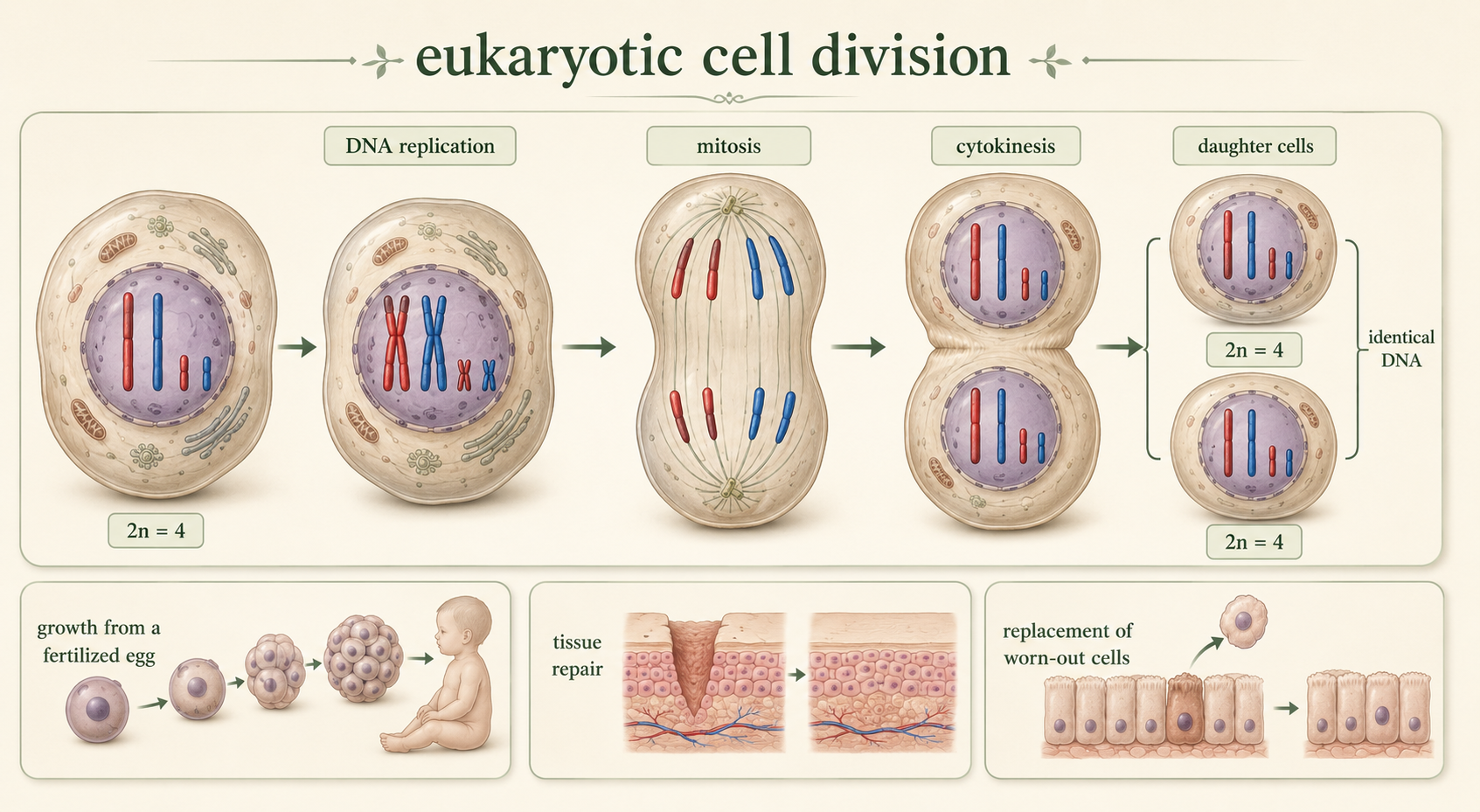 One diploid parent cell with 2n=4 replicates its DNA, undergoes mitosis and cytokinesis, and produces two genetically identical diploid daughter cells.
