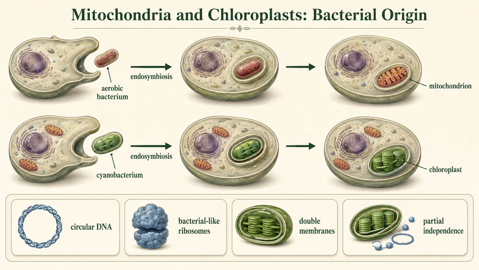 Ancestral cells engulf aerobic bacteria and cyanobacteria, forming mitochondria and chloroplasts with bacterial features.