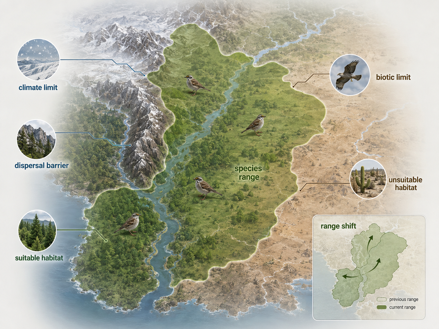 A map-style landscape shows a species occupying some suitable areas but absent from others because of climate limits, barriers, predators, or dispersal limits.