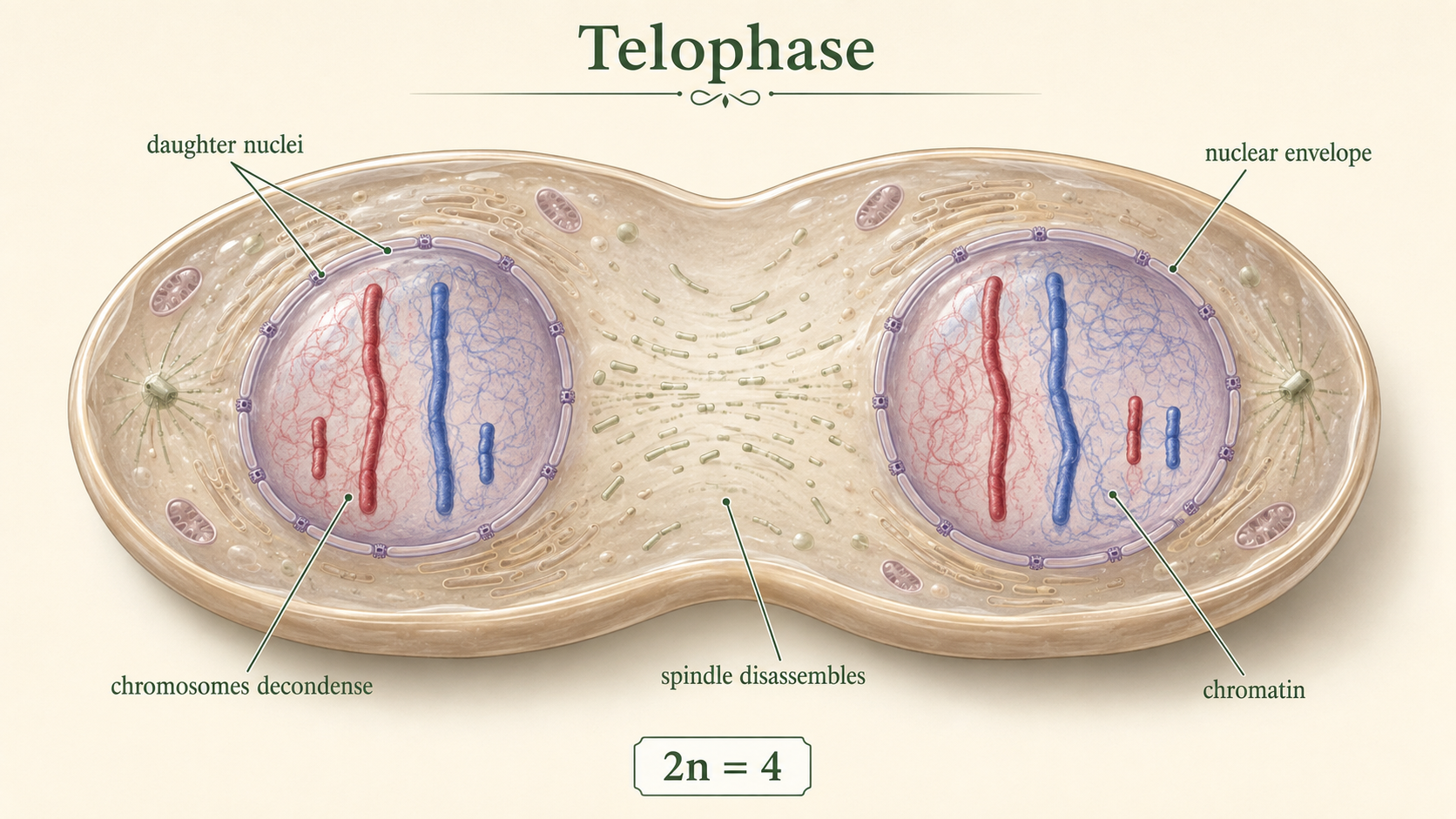 Telophase cell shows daughter chromosomes at opposite poles, new nuclear envelopes forming, spindle fibers disassembling, and chromosomes decondensing.