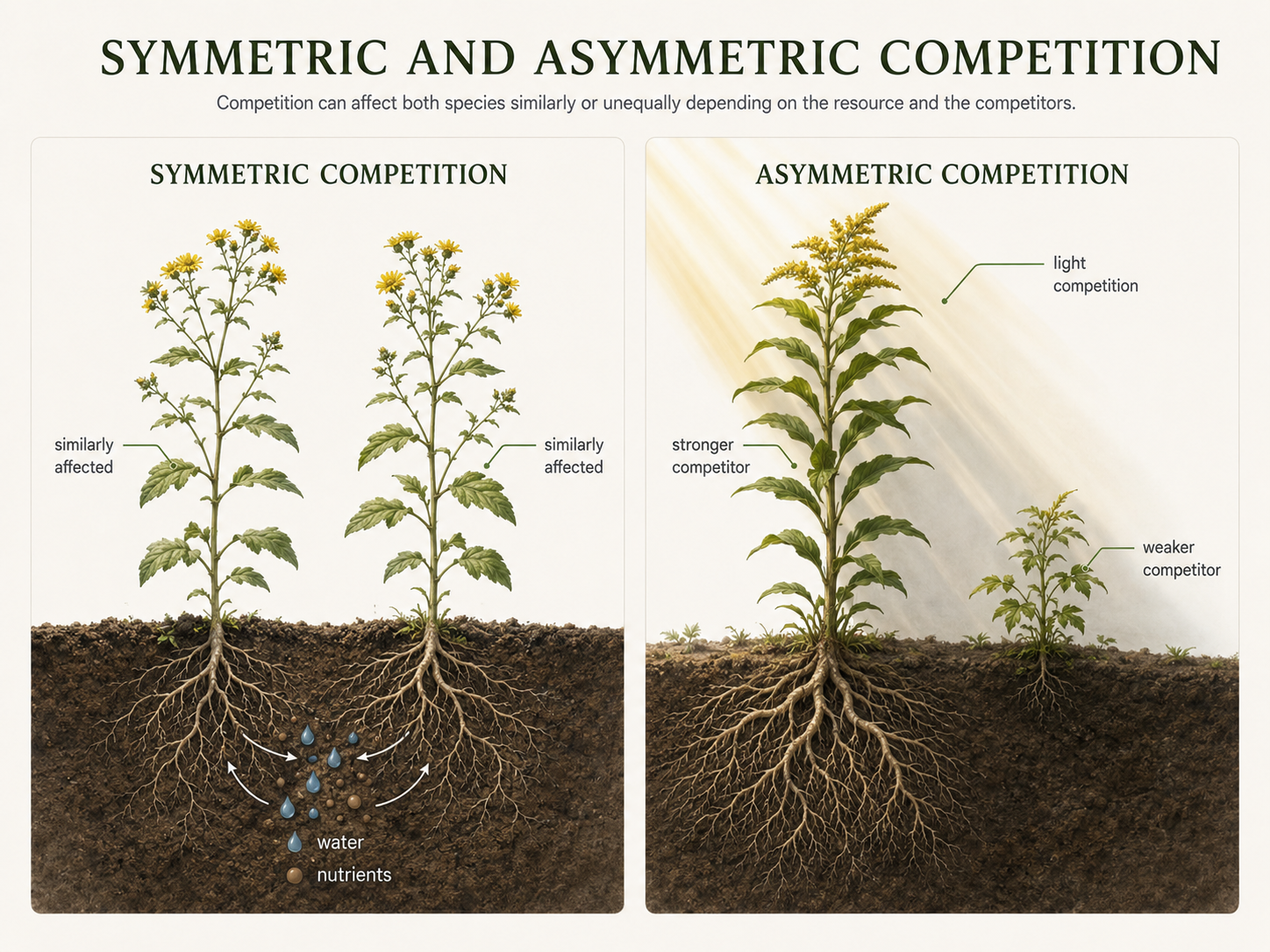 A split image compares competition. On one side, two similarly sized plants share resources and affect each other equally. On the other side, a taller plant shades a shorter plant, greatly reducing the smaller plant’s access to light.