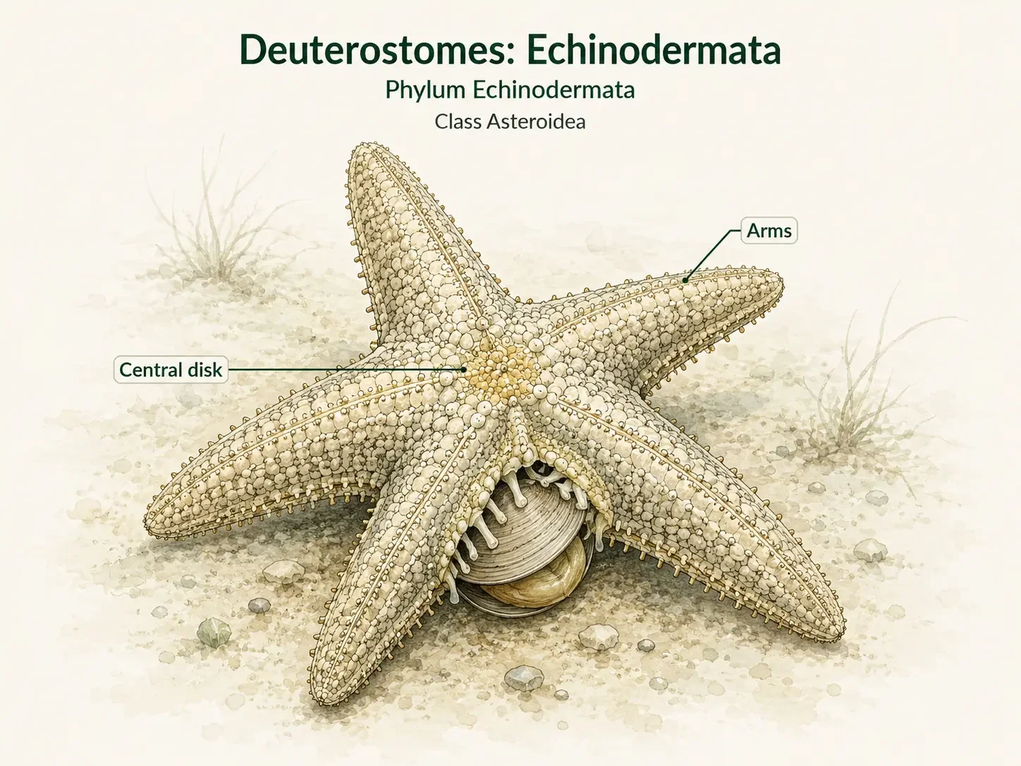 A sea star with a central disk and five thick arms radiating outward.