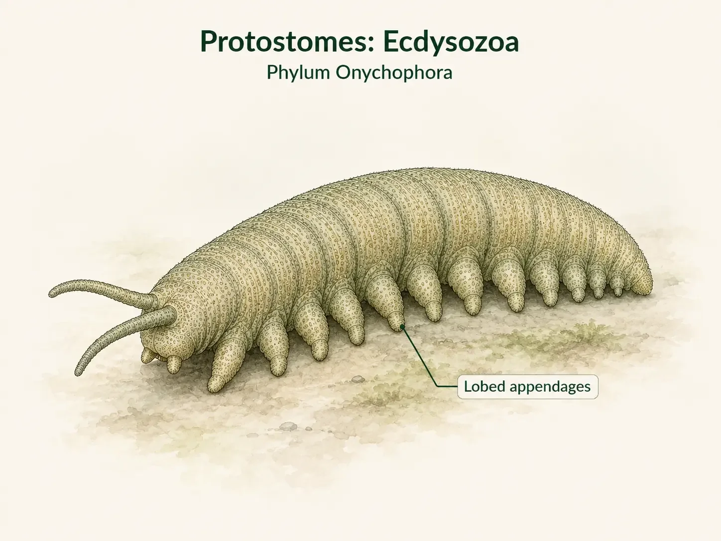 A velvet worm with an elongated body and many soft lobed appendages.