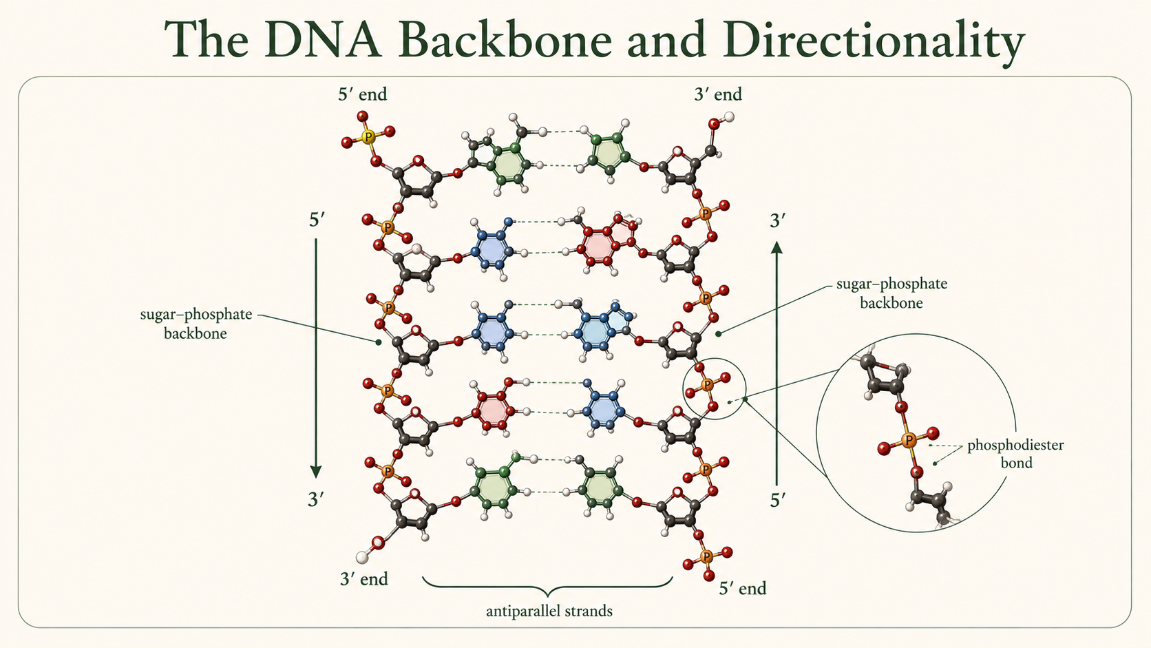A DNA strand shows its sugar-phosphate backbone, phosphodiester bonds, 5′ end, 3′ end, and growth at the 3′ end.