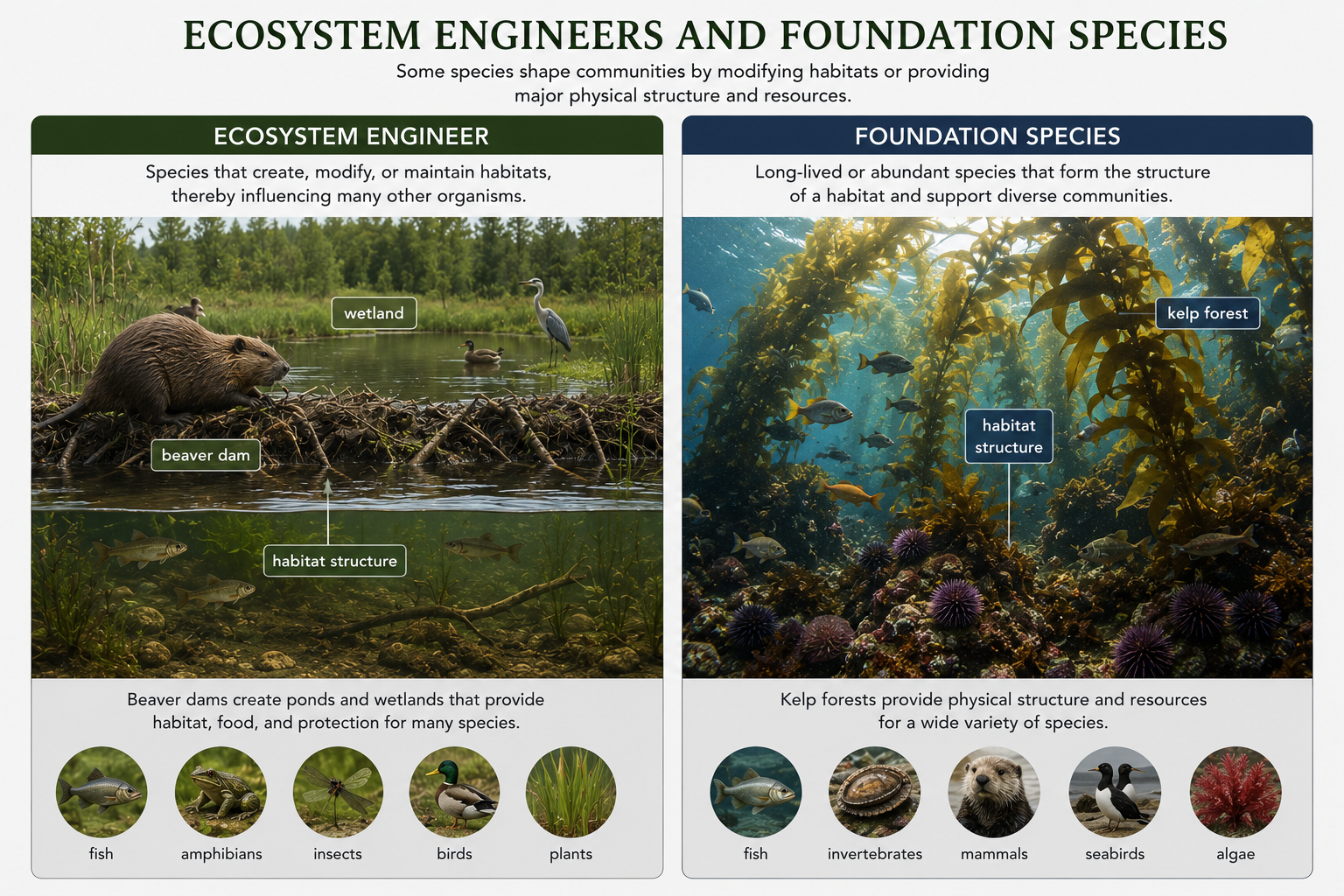 One side of the image shows a beaver dam creating a wetland used by fish, amphibians, insects, birds, and plants. The other side shows a kelp forest, coral reef, or forest tree providing habitat structure for many species.