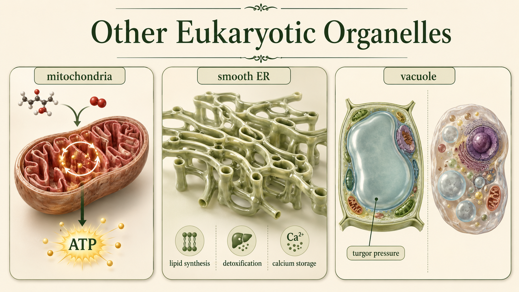 Mitochondria, smooth ER, and vacuoles are shown producing ATP, making lipids, detoxifying, storing materials, and supporting plants.