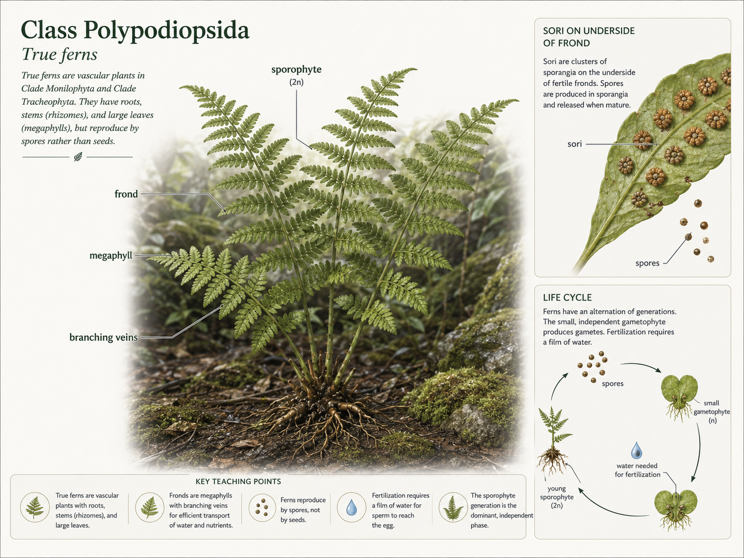 Class Polypodiopsida. True ferns are seedless vascular plants with roots, xylem, phloem, and large fronds called megaphylls. Spores are often produced in sori on the underside of fronds, and fertilization still requires water.