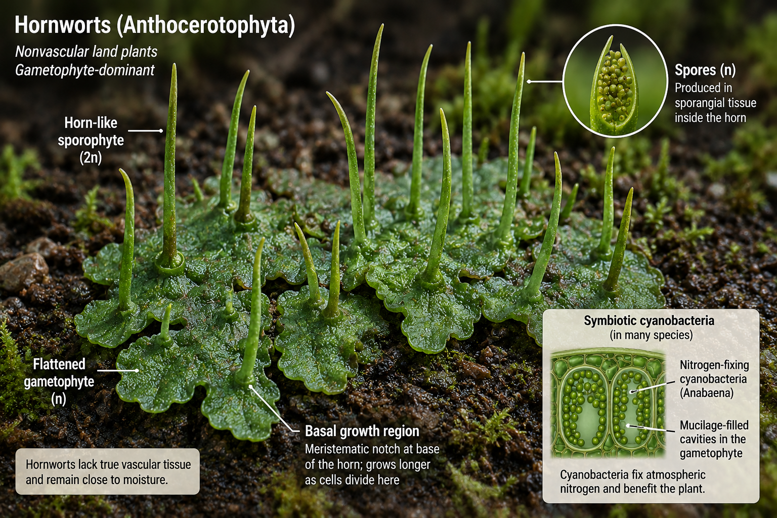 Phylum Anthocerotophyta. Hornworts are nonvascular land plants with flattened gametophytes and elongated horn-like sporophytes. Some hornworts form symbiotic relationships with nitrogen-fixing cyanobacteria.
