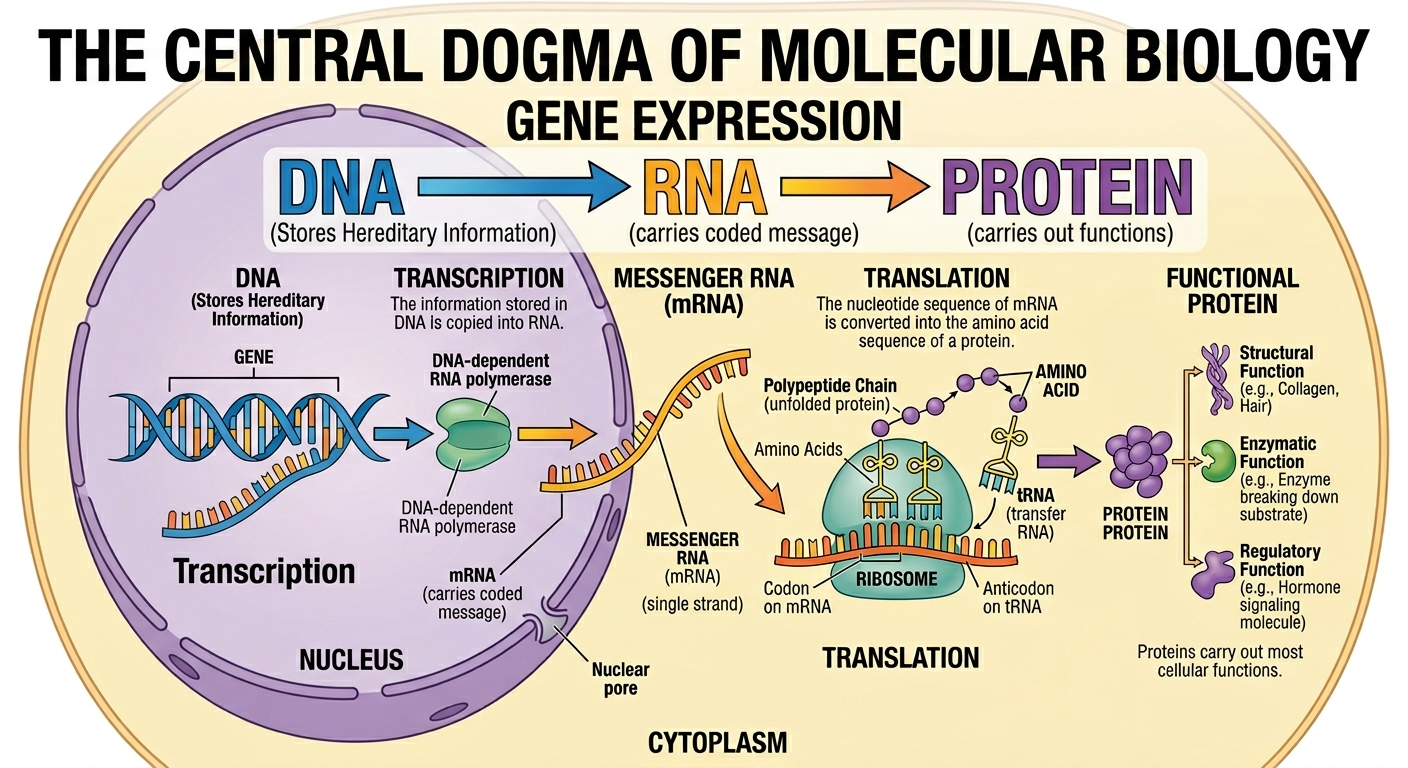 The central dogma of molecular biology describes the flow of genetic information from DNA to RNA to protein.