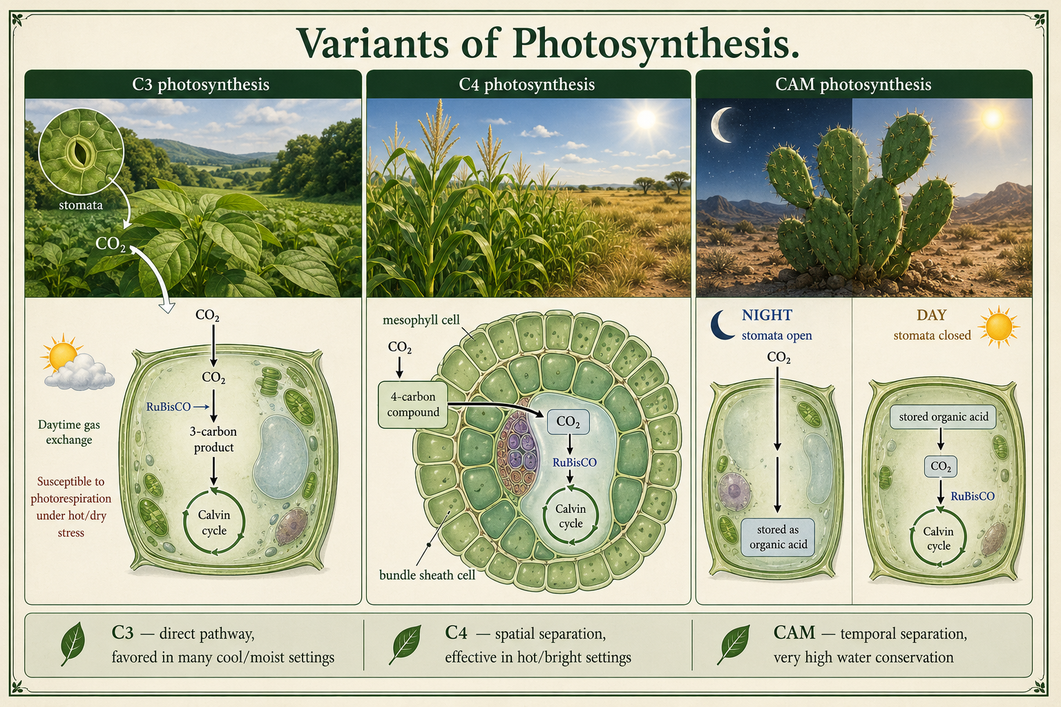 C3, C4, and CAM pathways are compared across moist, hot, and arid environments.