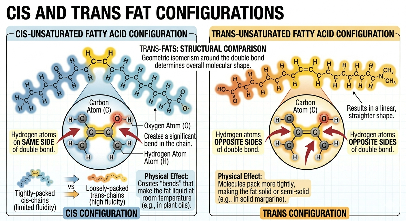 Cis fats contain bends that increase fluidity, whereas trans fats are straighter and behave more like saturated fats.
