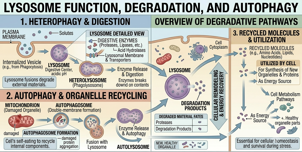 Lysosomal digestion and recycling. Lysosomes contain digestive enzymes that break down engulfed materials and damaged organelles. The resulting molecular components can be recycled and reused by the cell.