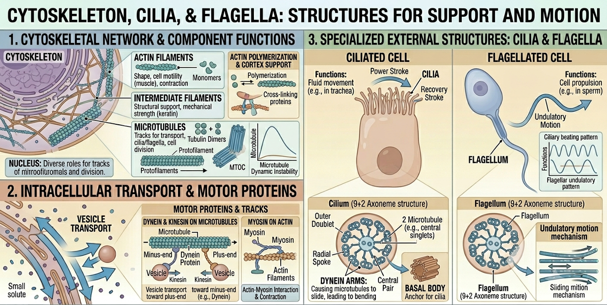 Functions of the cytoskeleton. The cytoskeleton maintains cell shape, organizes organelles, transports vesicles, and enables cellular movement through structures such as cilia and flagella.