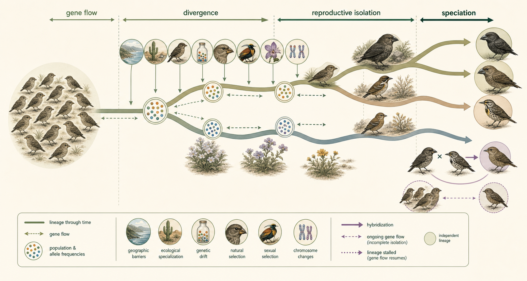 Alt text: A branching timeline shows connected populations diverging through multiple processes into independent evolutionary lineages.