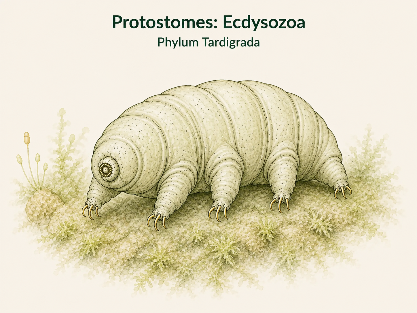 A tardigrade with a short plump body, four pairs of lobed legs, and small claws.