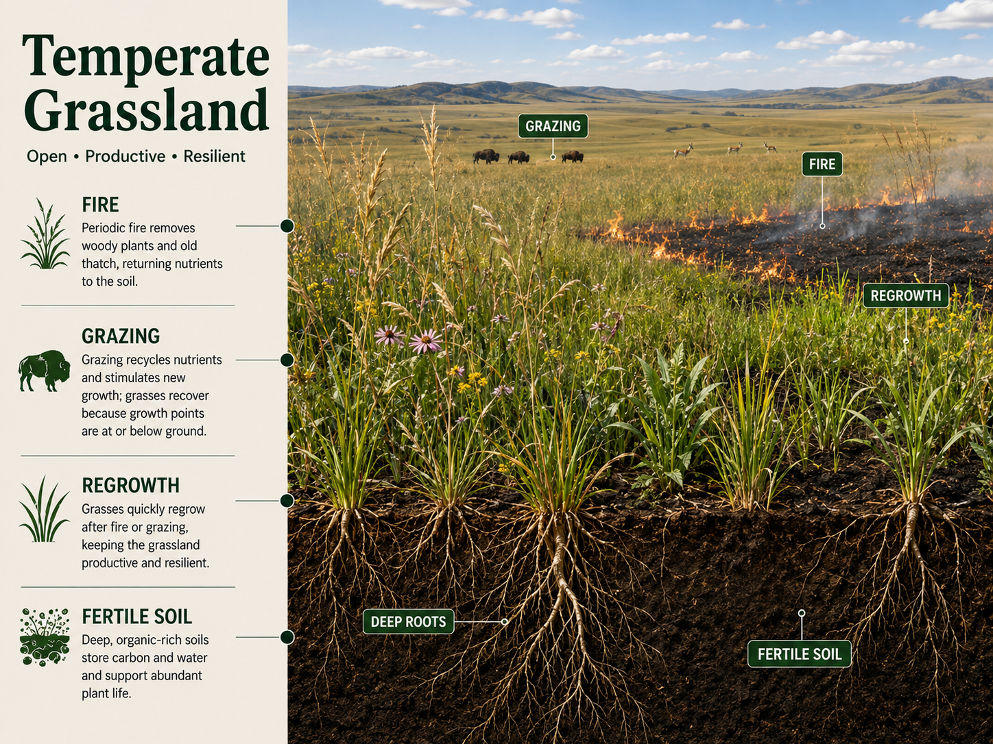 A grassland scene shows grasses with deep roots, grazing animals, a low-intensity fire or burned patch, and regrowth from plant bases or underground tissues.