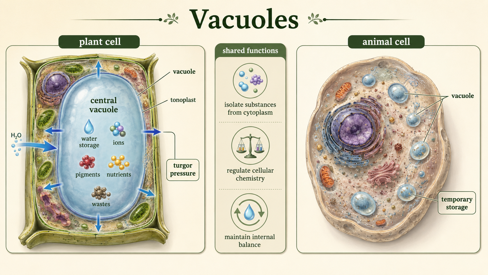 A plant cell has a large central vacuole for water storage and turgor pressure, while animal cells have smaller vacuoles.