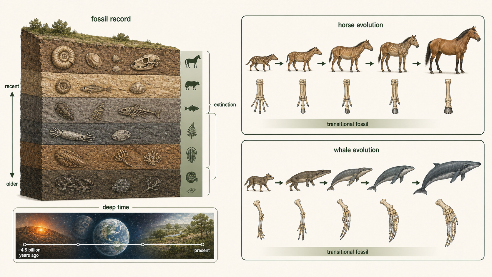Rock layers contain fossils showing extinction, deep time, and transitional forms in horse or whale evolution.