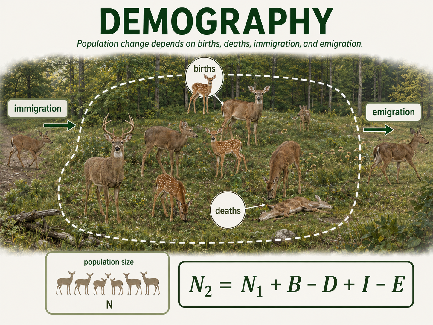Alt text: A habitat patch contains a population of the same species. Arrows show new individuals being born, individuals dying, immigrants entering the population, and emigrants leaving the population. A small equation summarizes population change.