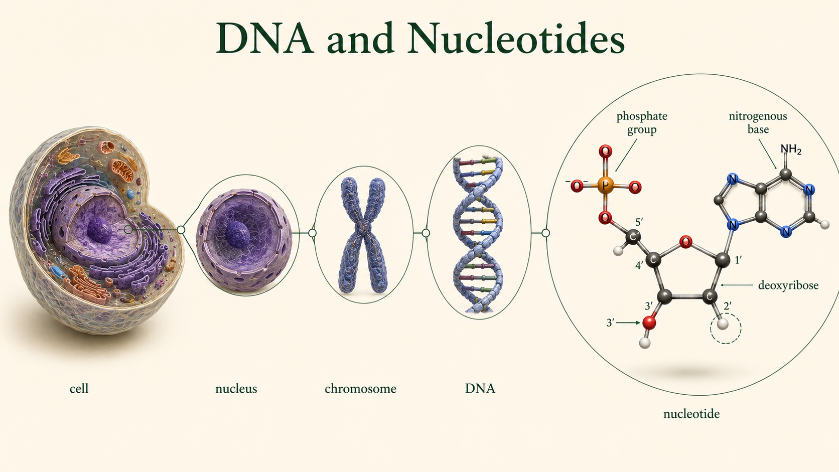 A DNA double helix is enlarged to show nucleotides made of phosphate, deoxyribose sugar, and nitrogenous bases.