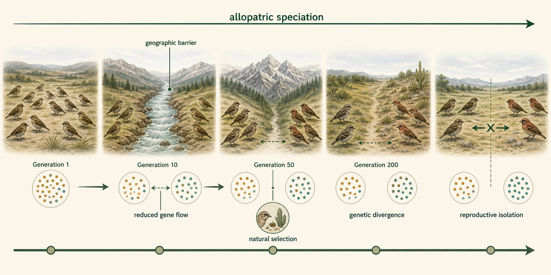 A geographic barrier splits one population, reducing gene flow and allowing divergence across generations.r