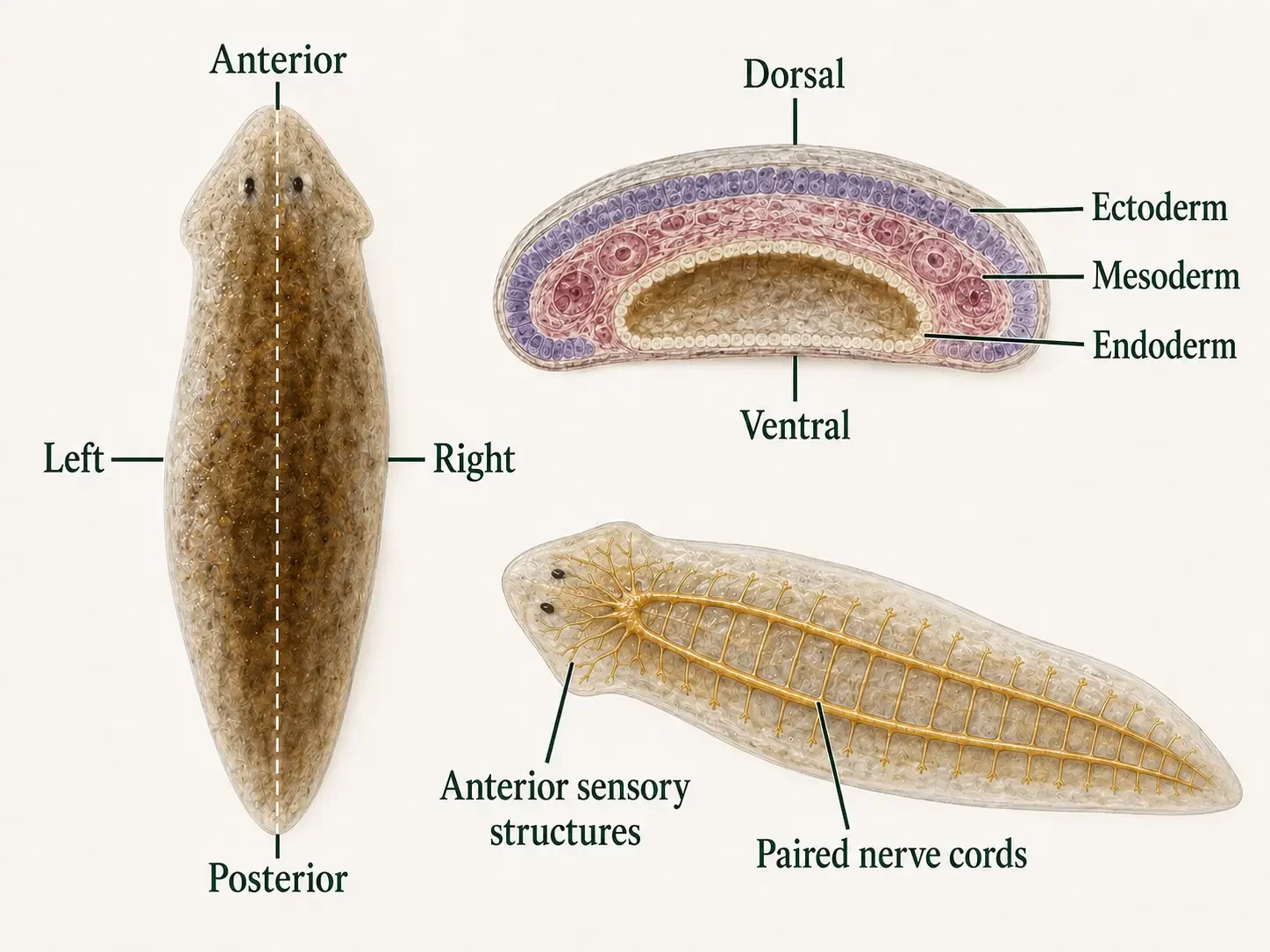 Planarian illustrating the bilaterian body plan, with left and right sides, anterior and posterior ends, dorsal and ventral surfaces, three germ layers, paired nerve cords, and concentrated anterior sensory structures.