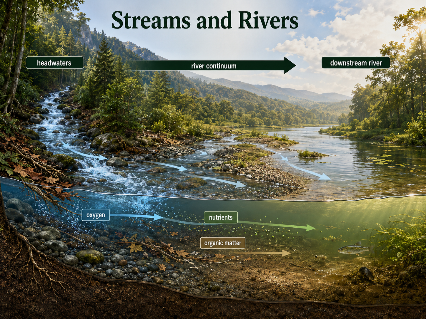 A river continuum shows a shaded headwater stream flowing into a wider downstream river with more sunlight, nutrients, algae, plants, fish, and sediments.