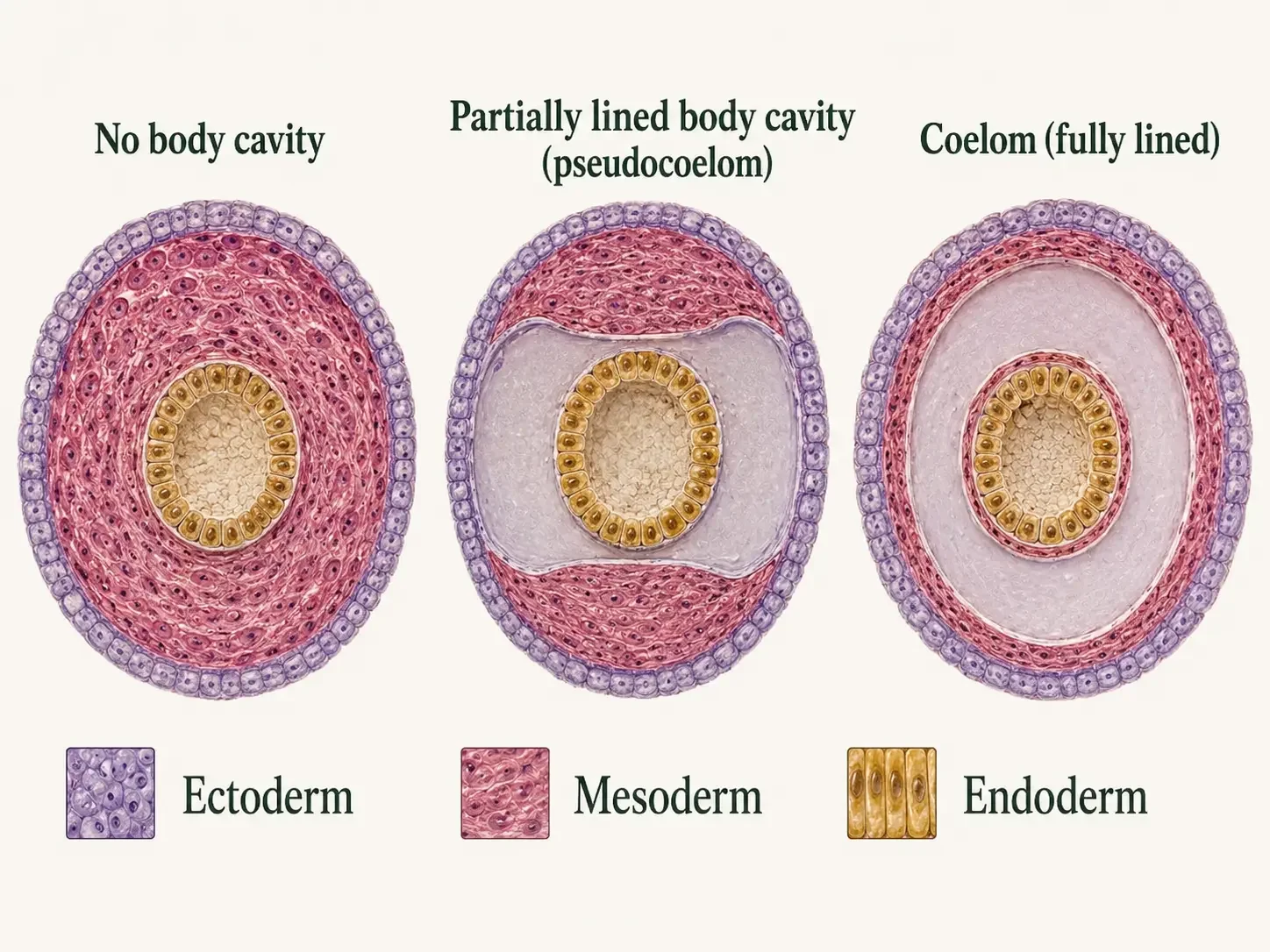 Cross-sections compare a compact body without a cavity, a cavity not fully lined by mesoderm, and a true coelom fully lined by mesoderm; labels emphasize alternative body plans rather than a ladder of progress.