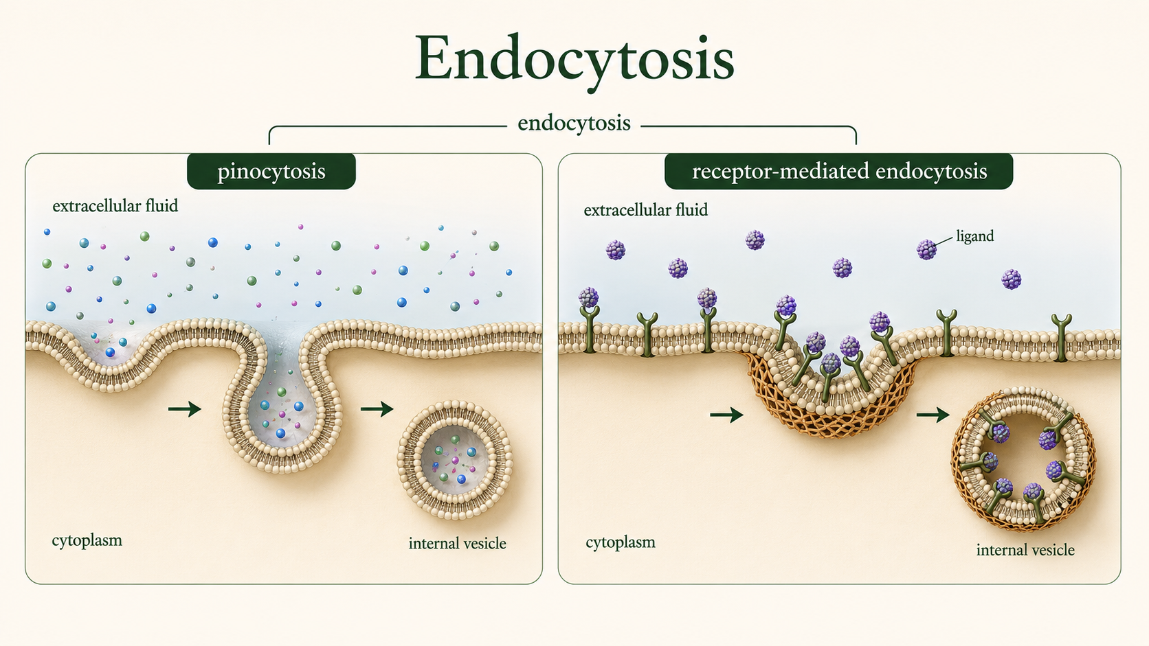 Pinocytosis takes in extracellular fluid, while receptor-mediated endocytosis forms a vesicle around receptor-bound molecules.