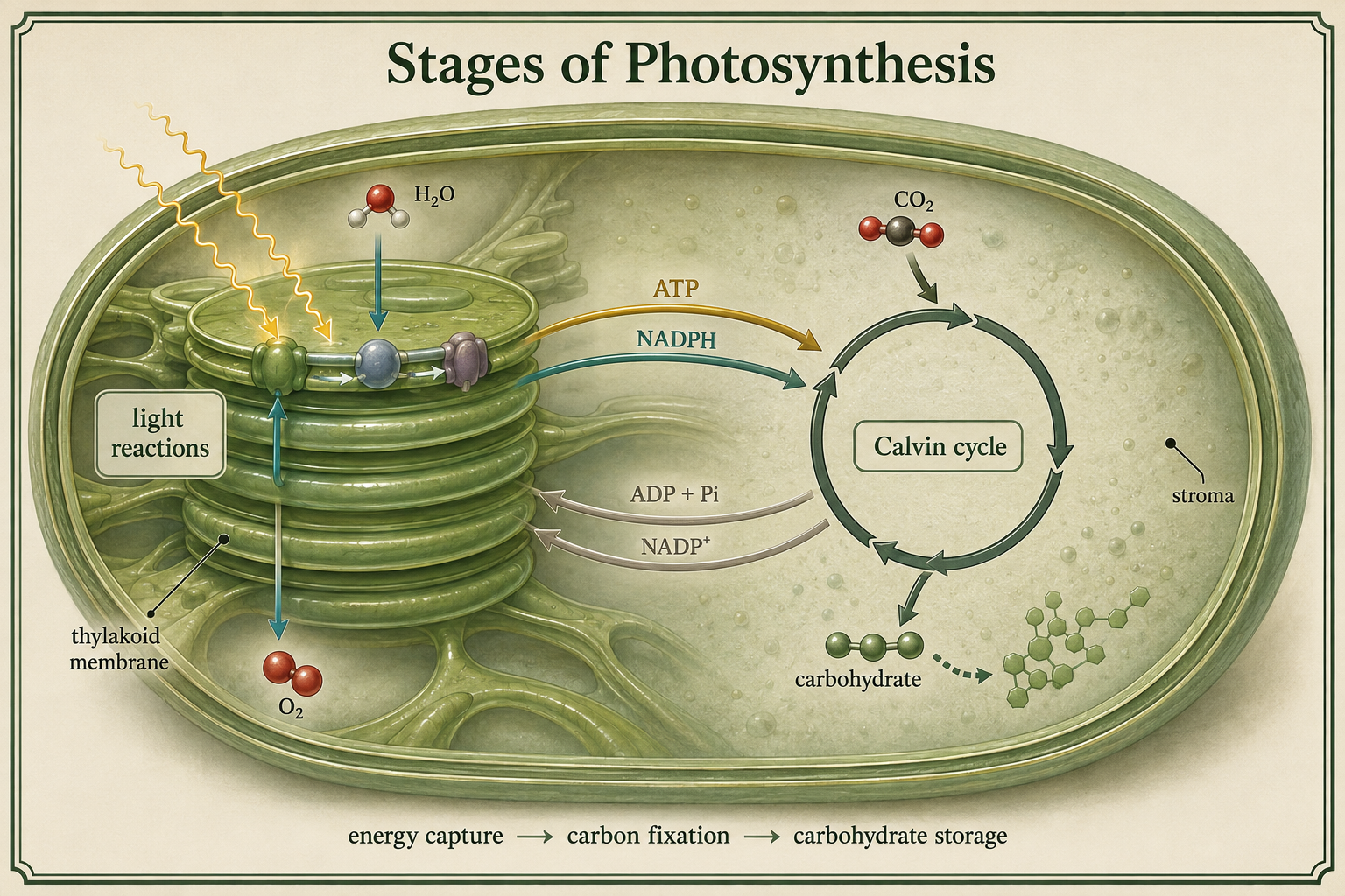 A chloroplast shows light reactions in thylakoids producing ATP and NADPH for the Calvin cycle in the stroma.