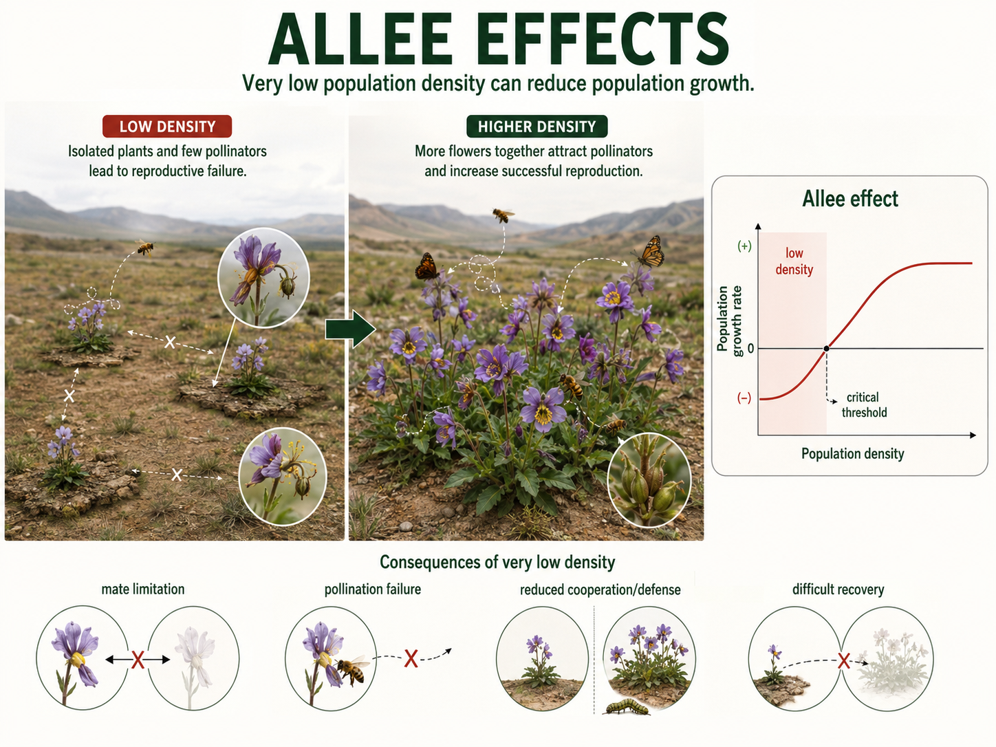 A fragmented habitat shows isolated individuals or flowering plants spaced far apart. Few pollinators move between the plants, and a small graph shows growth rate falling at very low population density.