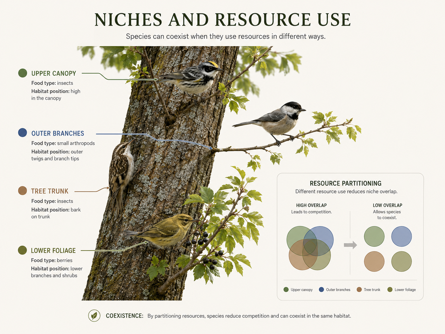 Several bird species feed in different parts of the same tree. One searches near the top branches, another feeds near the trunk, and another uses lower foliage. The scene shows how different resource use can reduce niche overlap.