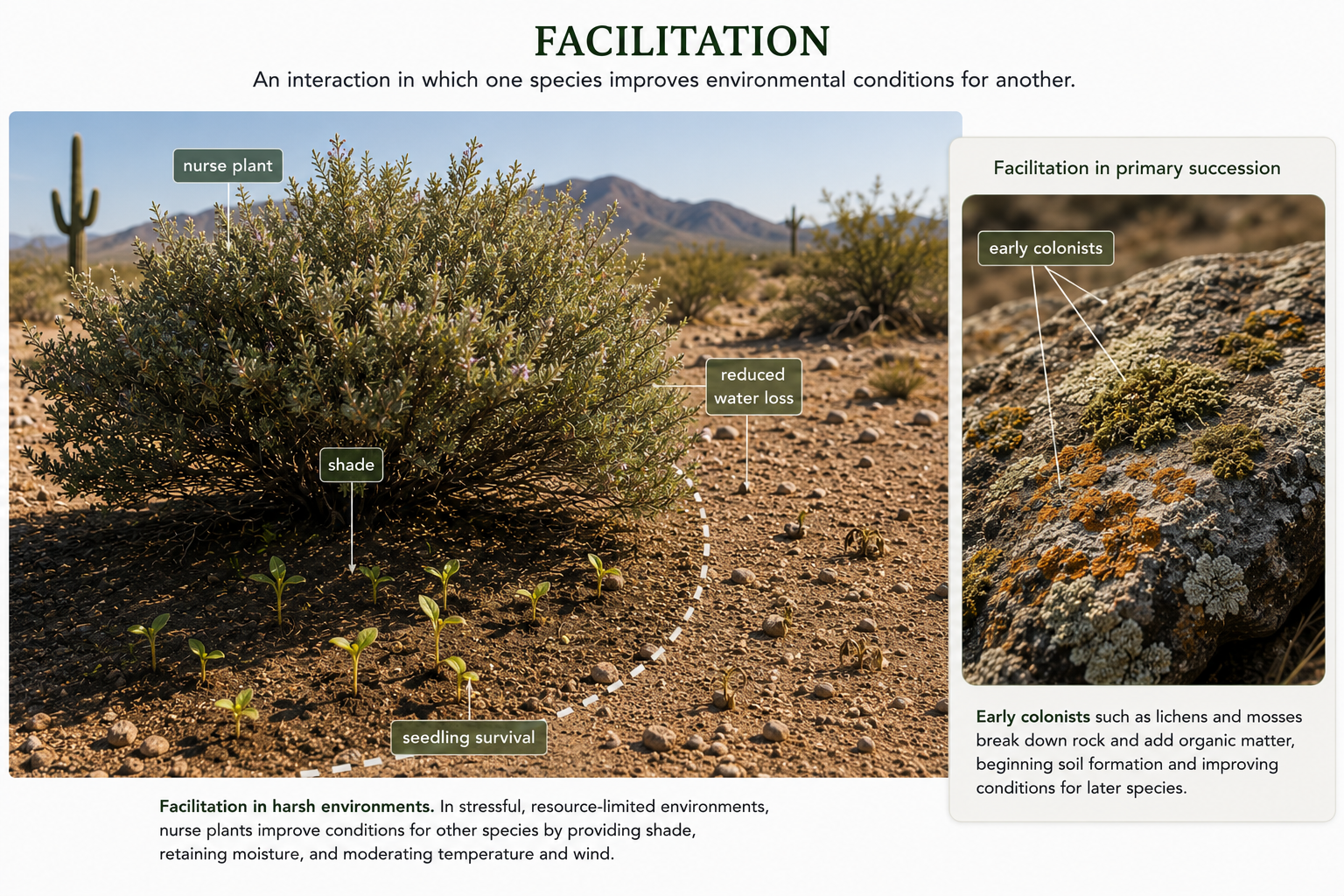 A desert shrub shades the soil, and small seedlings survive beneath it while the open ground nearby is hotter and drier. A small inset shows lichens and mosses colonizing bare rock and beginning soil development.