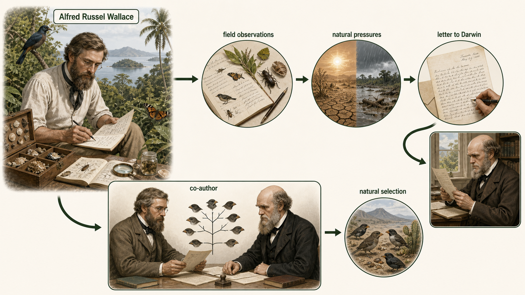 Wallace’s field observations and letter to Darwin are shown as part of the development of natural selection.
