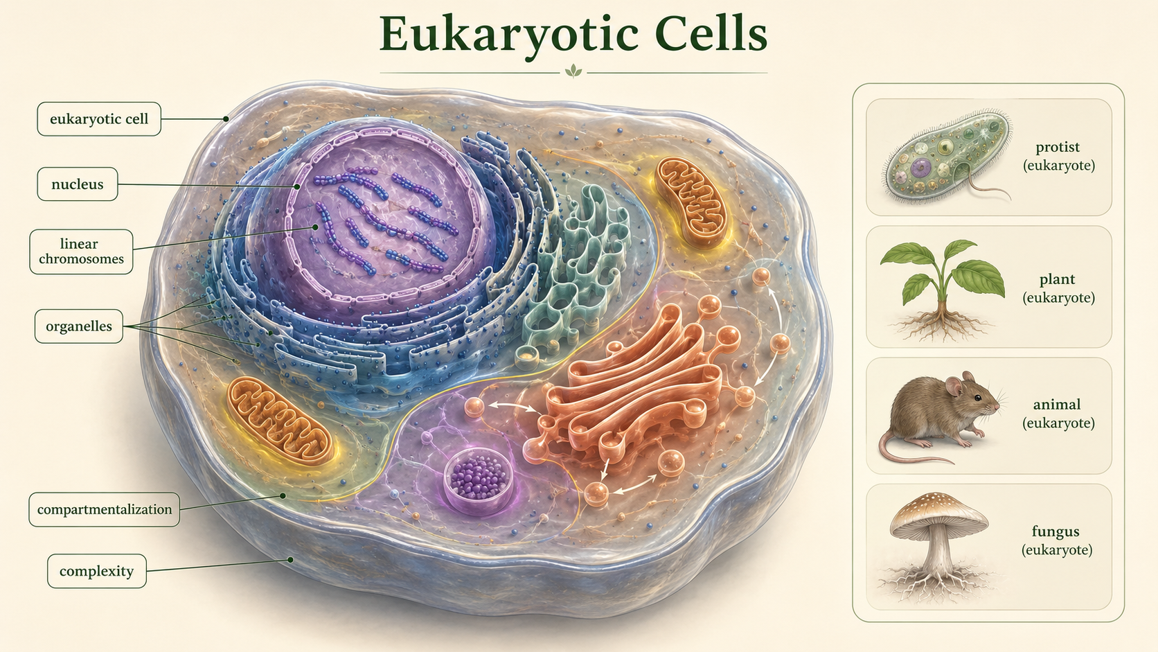 A eukaryotic cell cutaway shows a nucleus, linear chromosomes, and membrane-bound organelles.