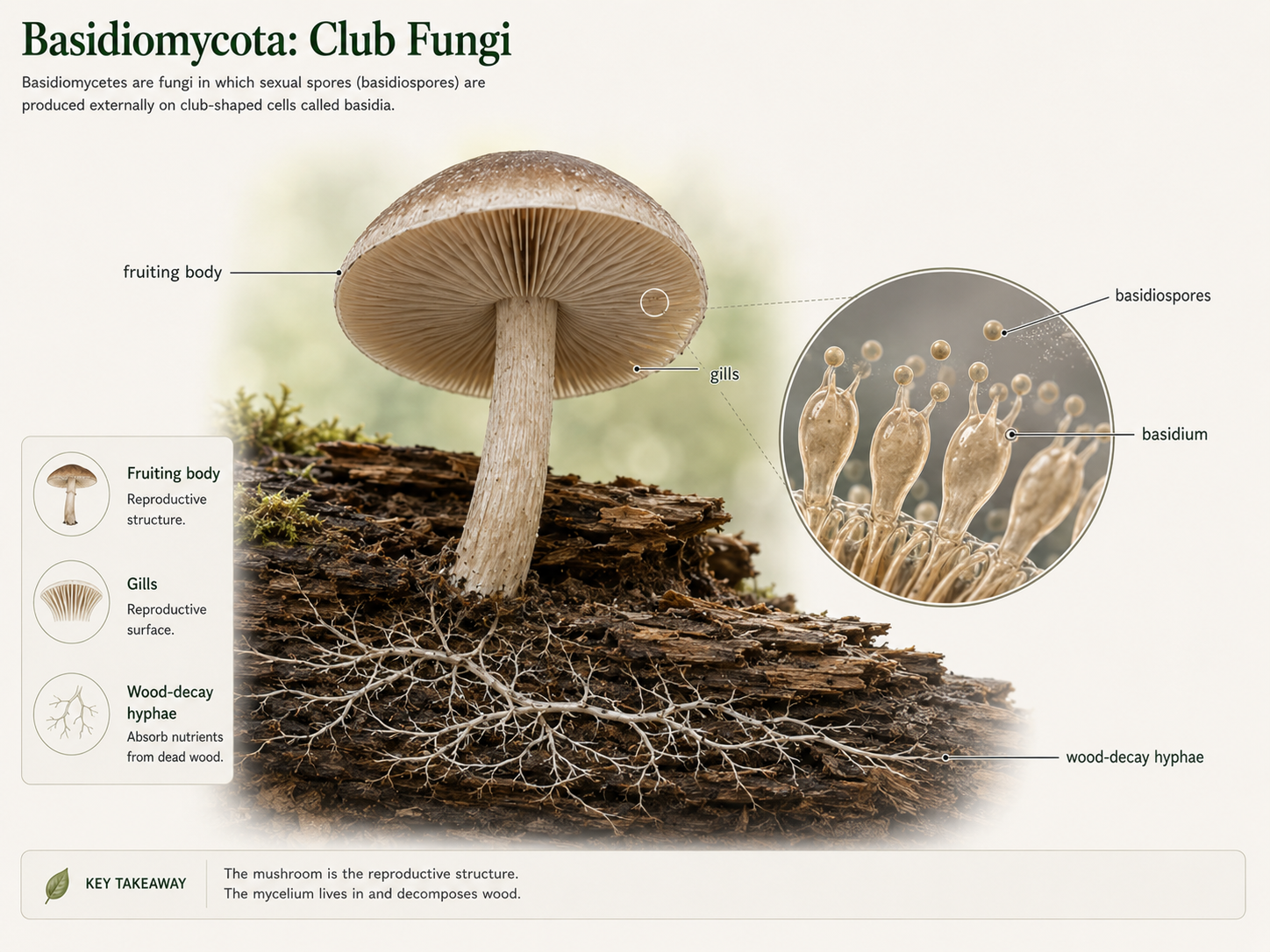 Basidiomycetes are club fungi that produce basidiospores on basidia. This group includes mushrooms, puffballs, shelf fungi, rusts, smuts, and many major wood-decay fungi.
