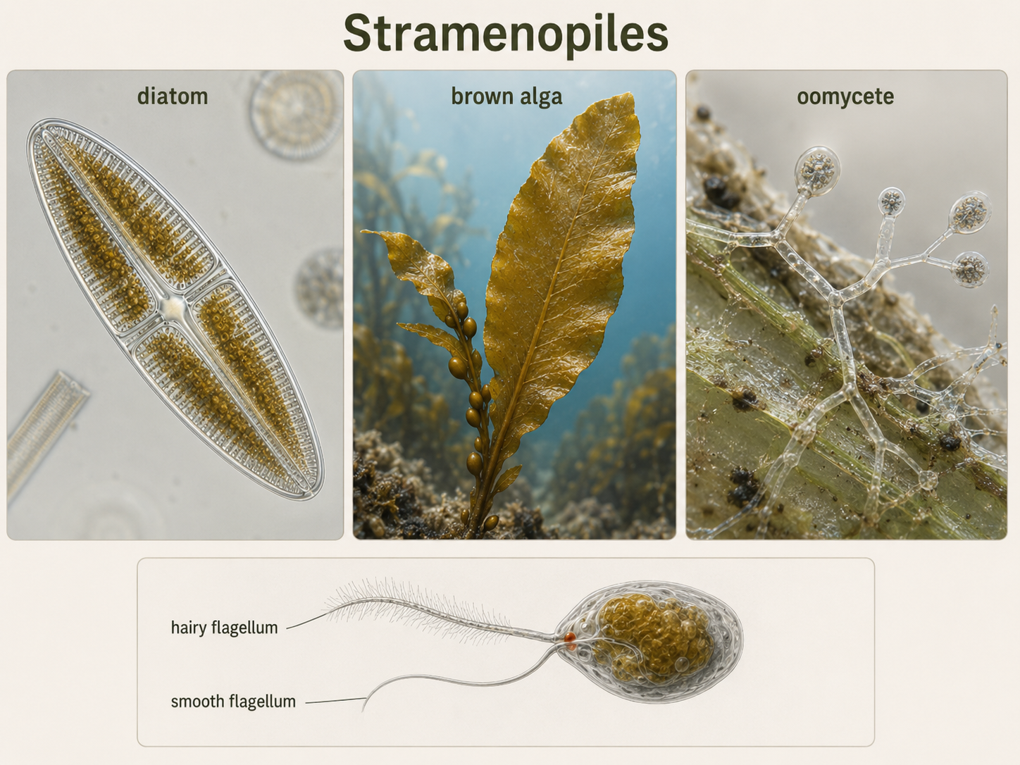 Stramenopiles include diatoms, brown algae, and oomycetes. Many have two unequal flagella, and photosynthetic members contain red algal-derived plastids from secondary endosymbiosis.