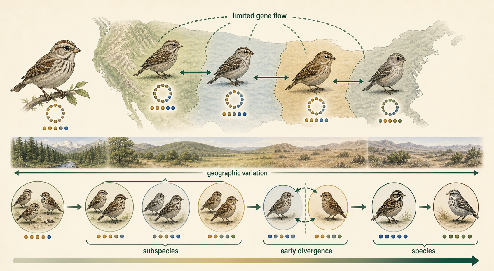 Alt text: Regional populations show recognizable differences and limited gene flow but remain within one species.
